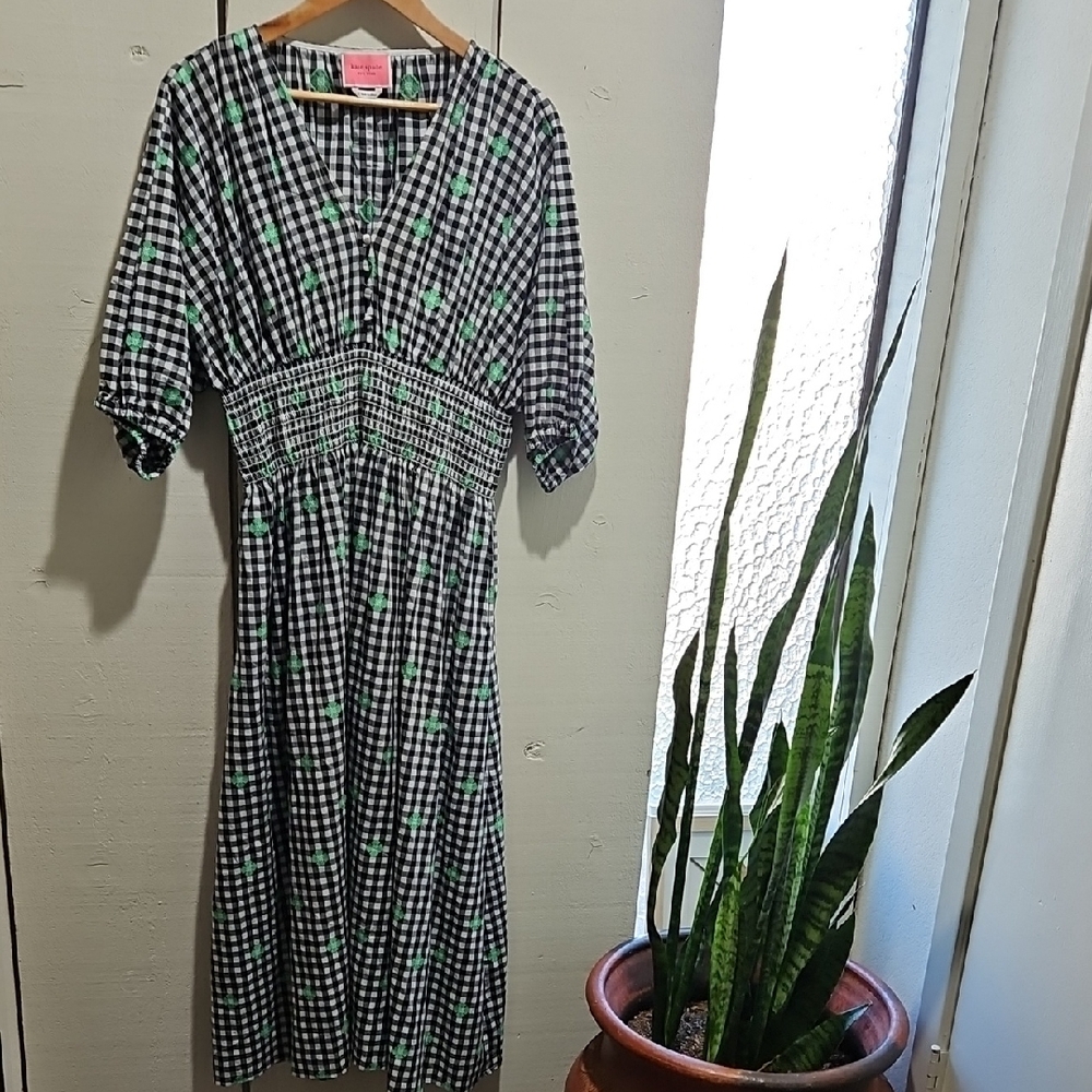 Kate Spade Voile Black and White Checkered Full Dress with Green Accents - Picture 5 of 8